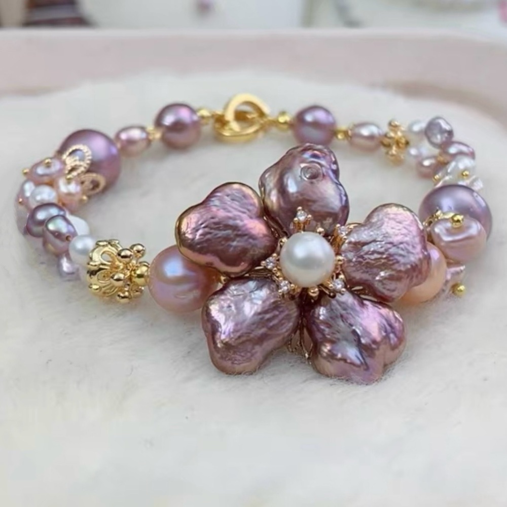 Natural Purple Freshwater Pearl Flower Bracelet | Handmade Baroque Pearl Jewelry
